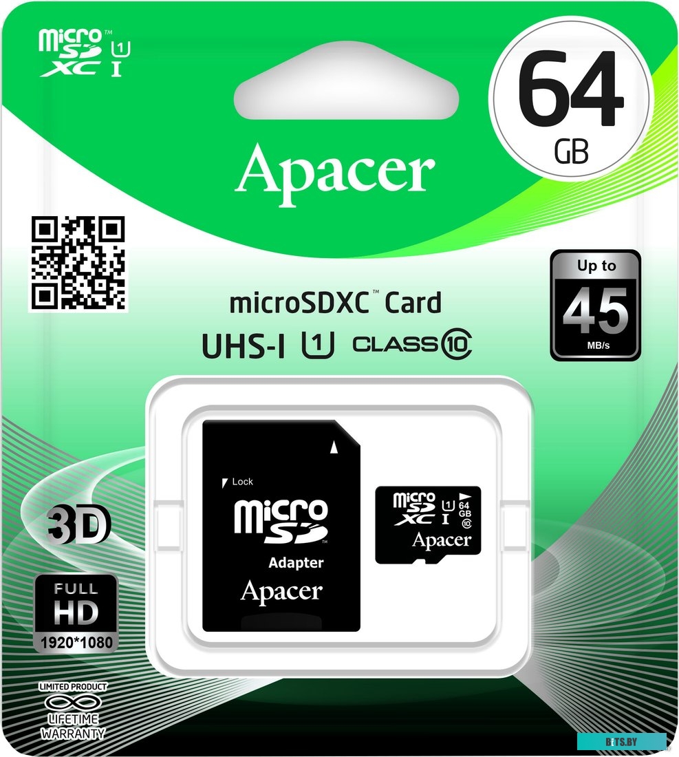 Карта памяти Apacer microSDXC (Class 10) 64GB + адаптер [AP64GMCSX10U1-R]