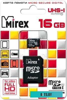 Карта памяти Mirex microSDHC UHS-I (Class 10) 16GB + адаптер [13613-ADSUHS16]