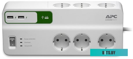 Сетевой фильтр APC PM6U-RS, 6 розеток, USB на 2 порта, 5 В, 2,4 А, 2м, белый