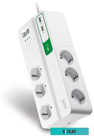 Сетевой фильтр APC PM6U-RS, 6 розеток, USB на 2 порта, 5 В, 2,4 А, 2м, белый
