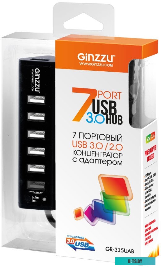 Хаб USB GR-315UAB GINZZU USB 3.0/2.0 7port (1xUSB3.0+6xUSB2.0)+adapter