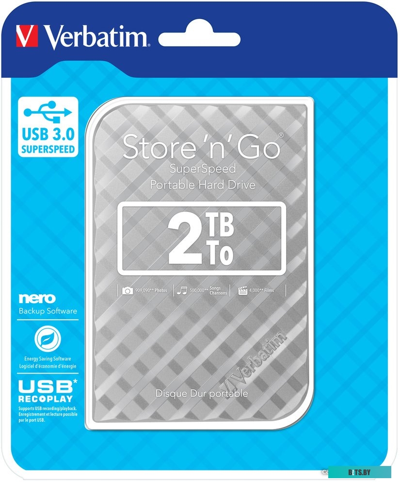 Внешний жесткий диск Verbatim Store 'n' Go USB 3.0 2TB Серебристый [53198]
