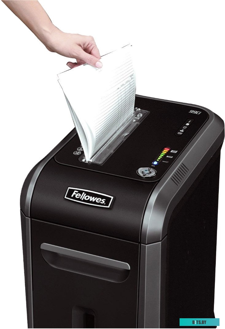 Шредер Fellowes® Powershred® FS-46910 99Ci, DIN P-4, 4х38 мм, 17 лст., 34 лтр., 100% Jam Proof™, SafeSense™, уничт.: скобы, пл.карты, скрепки, CD