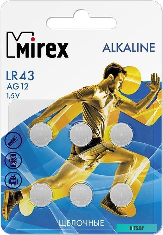 Элементы питания Mirex LR43 (AG12) Mirex блистер 6 шт. 23702-LR43-E6