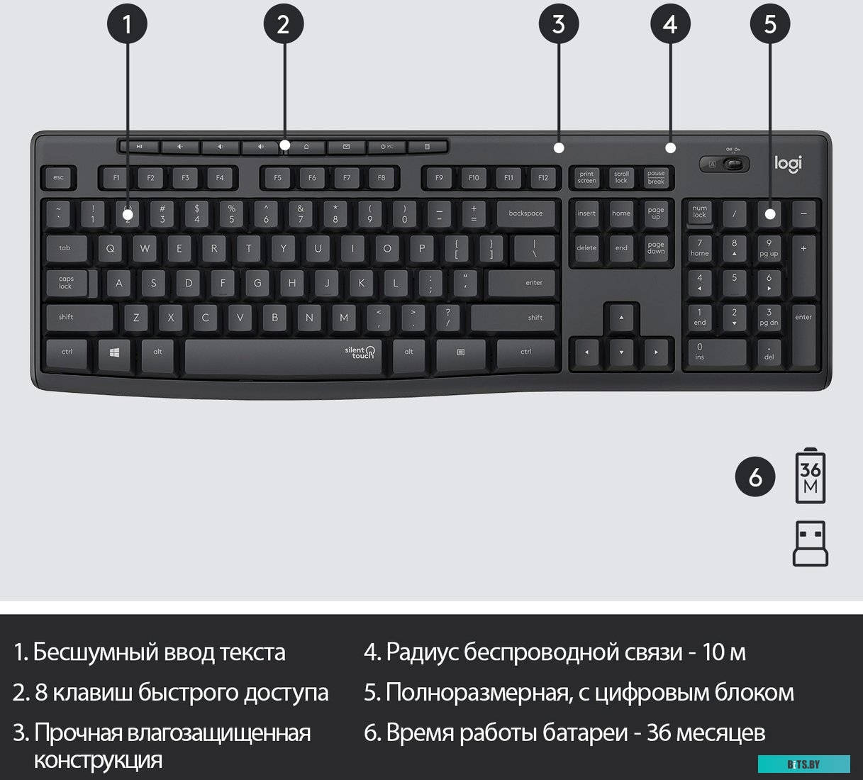 Комплект (мышь + клавиатура) Logitech MK295 Silent (черный) <920-009807>
