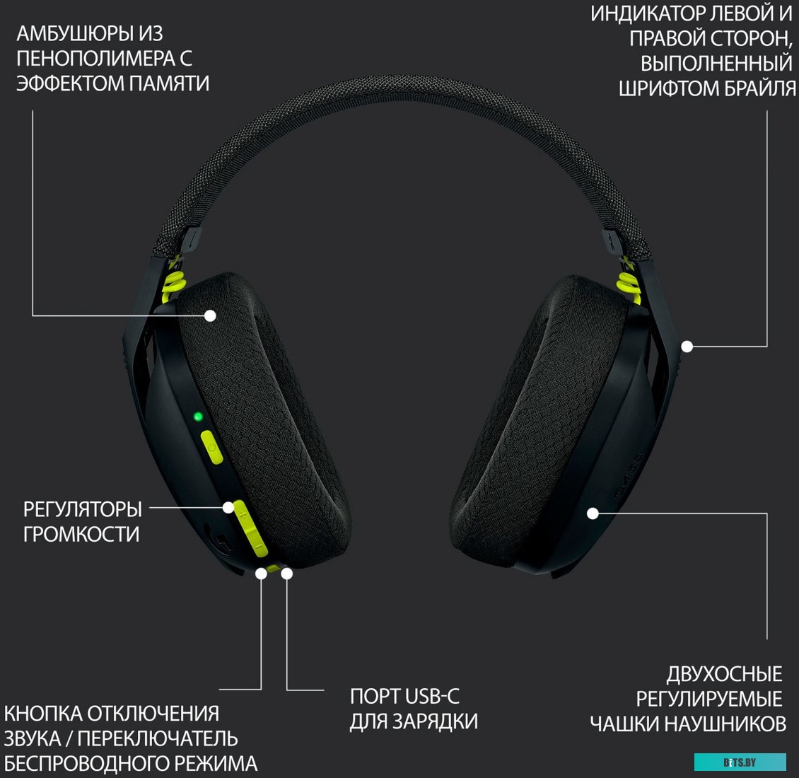 Офисная гарнитура Logitech G435 Lightspeed (черный/неоновый желтый) <981-001050>