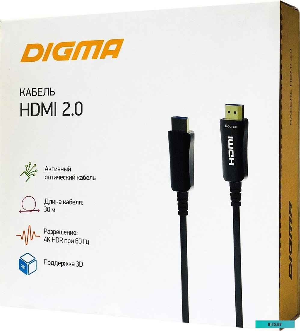 Кабель Digma HDMI 2.0 AOC, HDMI (m) - HDMI (m) , ver 2.0, 30м, GOLD, черный