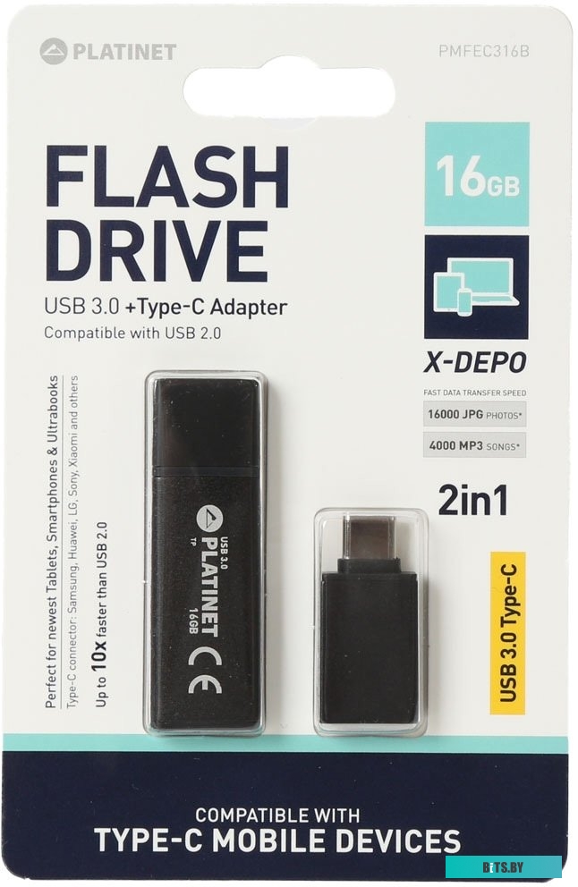 USB накопитель (Флешка) Platinet X-Depo USB 3.0 + Type-C Adapter 16GB (черный) <PMFEC316B>