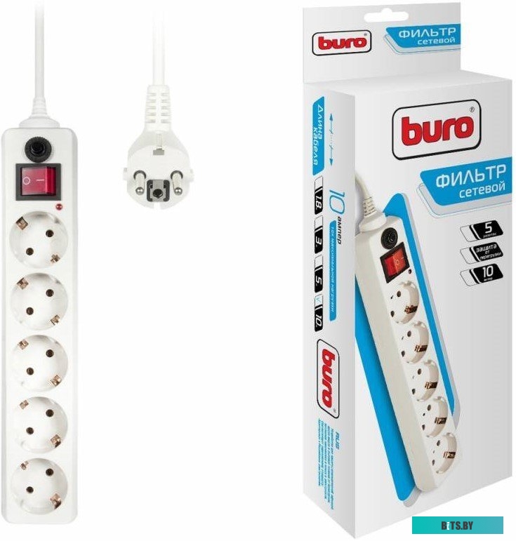 Сетевой фильтр (удлинитель) Buro 5 розеток, белый, 10 м [500SH-10-W]