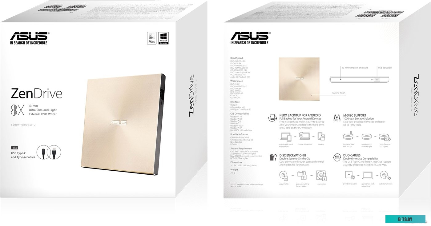 Оптический привод Asus ZenDrive U9M SDRW-08U9M-U (золотистый) <90DD02A5-M29000>
