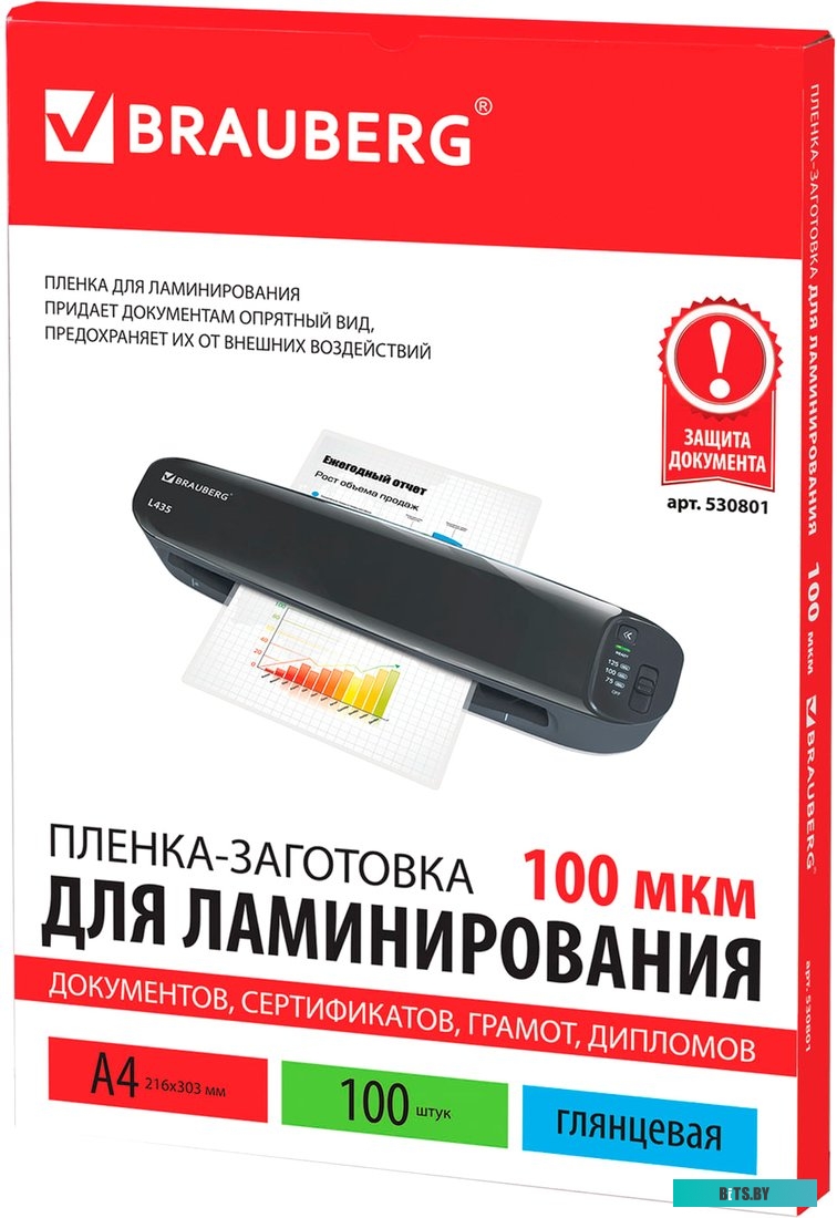 Пленка для ламинирования BRAUBERG глянцевая A4 100 мкм 100 шт 530801