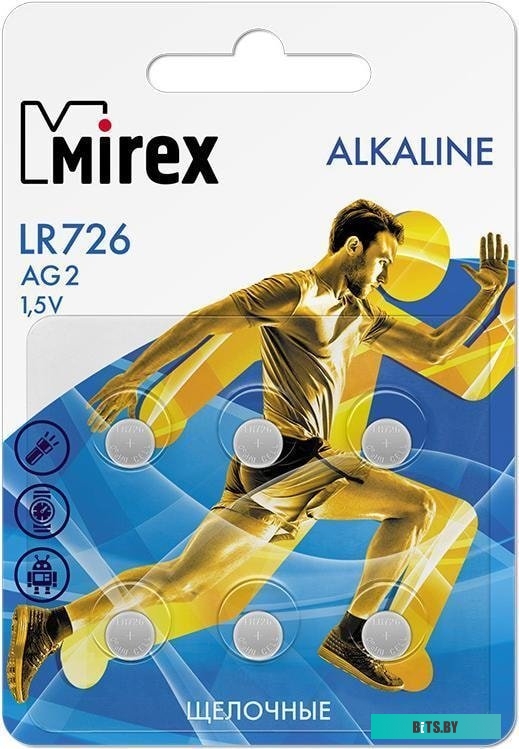Элементы питания Mirex LR726 (AG2) Mirex блистер 6 шт. 23702-LR726-E6