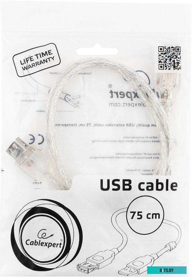Удлинитель USB 2.0 CCF-USB2-AMAF-TR-0.75M Gembird w/ferrite transparent 0.75м