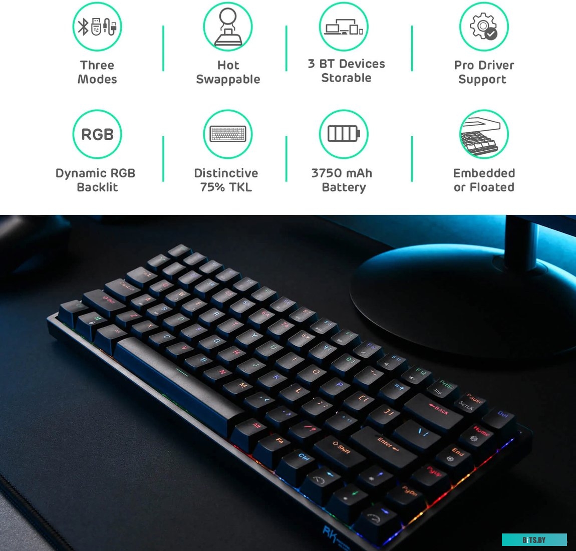 Клавиатура Royal Kludge RK84 RGB (черный, RK Red)