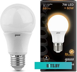 102502307 Лампа светодиодная Gauss 102502307 7Вт цок.:E27 груша 220B 6500K св.свеч.бел.хол. (упак.:10шт)