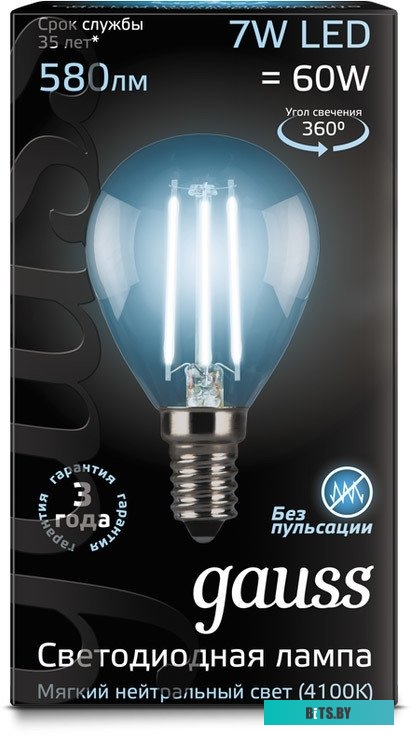 105801207-S Лампа светодиодная Gauss Filament 7Вт цок.:E14 шар 220B 4100K св.свеч.бел.нейт. (упак.:1шт) (105801207-S)
