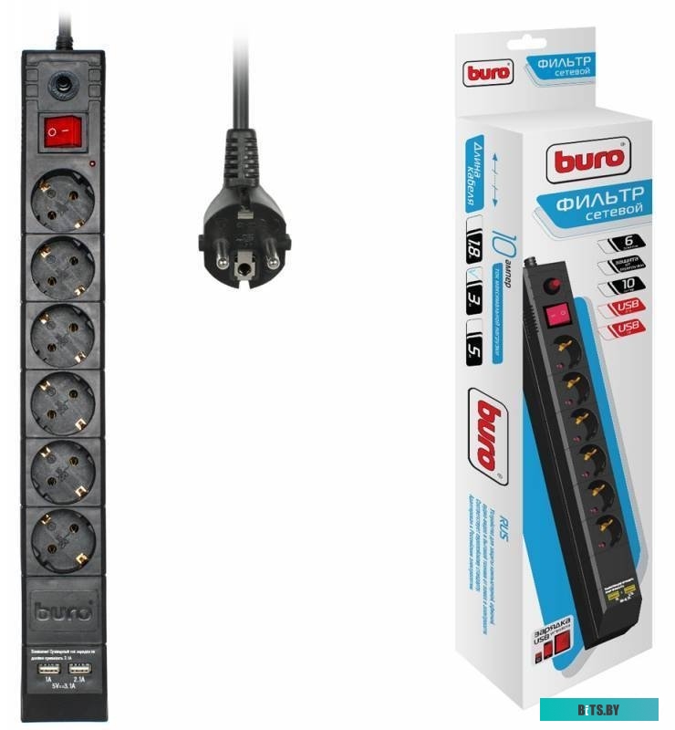 Сетевой фильтр Buro BU-SP3_USB_2A-B 3м (6 розеток) черный