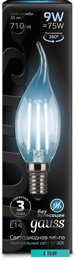 104801209 Лампа светодиодная Gauss Filament 9Вт цок.:E14 свеча 220B 4100K св.свеч.бел.нейт. CF35 (упак.:1шт) (104801209)