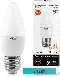 33218 Лампа светодиодная Gauss Elementary 8Вт цок.:E27 свеча 220B 3000K св.свеч.бел.теп. C37 (упак.:10шт) (33218)
