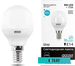 53128 Лампа светодиодная Gauss 8Вт цок.:E14 шар 220B 4100K св.свеч.бел.нейт. G45 (упак.:1шт) (53128)