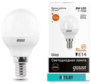 53118 Лампа светодиодная Gauss 8Вт цок.:E14 шар 220B 3000K св.свеч.бел.теп. G45 (упак.:1шт) (53118)