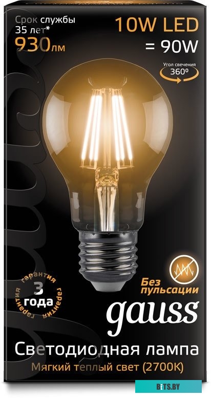 102802110 Лампа филаментная GAUSS E27,  груша, 10Вт, A60, одна шт. [102802110]