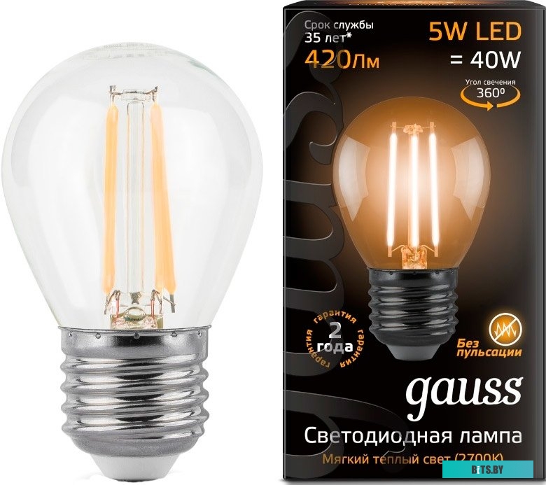 105802105 Упаковка ламп филаментная GAUSS E27,  шар, 5Вт, 10 шт. [105802105]