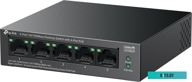 LS105LP Коммутатор TP-Link LS105LP 5x100Мбит/с 4PoE 41W неуправляемый