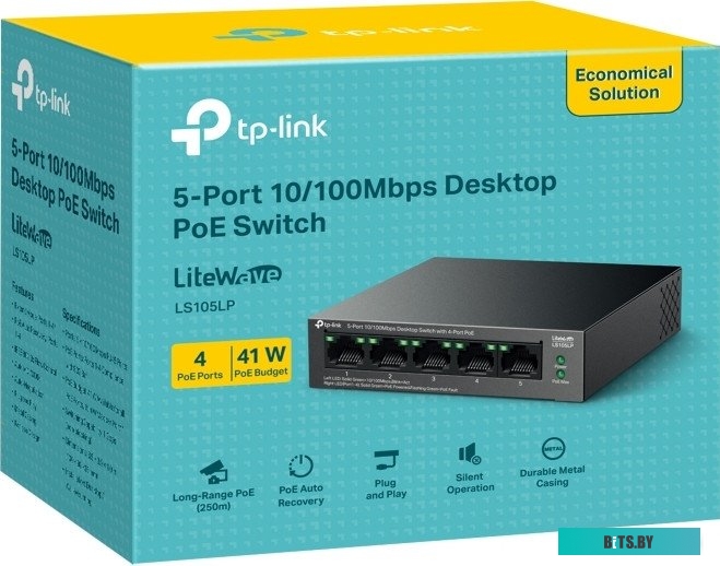 LS105LP Коммутатор TP-Link LS105LP 5x100Мбит/с 4PoE 41W неуправляемый