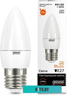 33216 Лампа LED GAUSS E27,  свеча, 6Вт, одна шт. [33216]