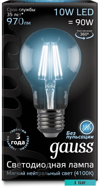 102802210 Лампа филам. Gauss Filament A60 10Вт цок.:E27 груша 220B 4100K св.свеч.бел.нейт. (упак.:1шт) (102802210)
