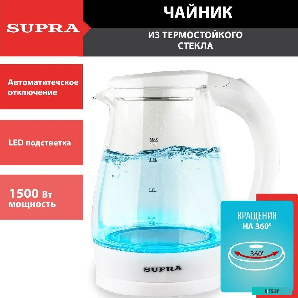 KES-1856G Чайник электрический Supra KES-1856G 1.8л. 1500Вт белый/прозрачный (корпус: стекло)