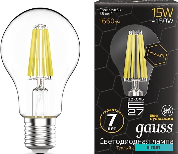 102902115 Лампа светодиодная Gauss Filament 102902115 15Вт цок.:E27 груша 220B 2700K св.свеч.бел.теп. (упак.:1шт)