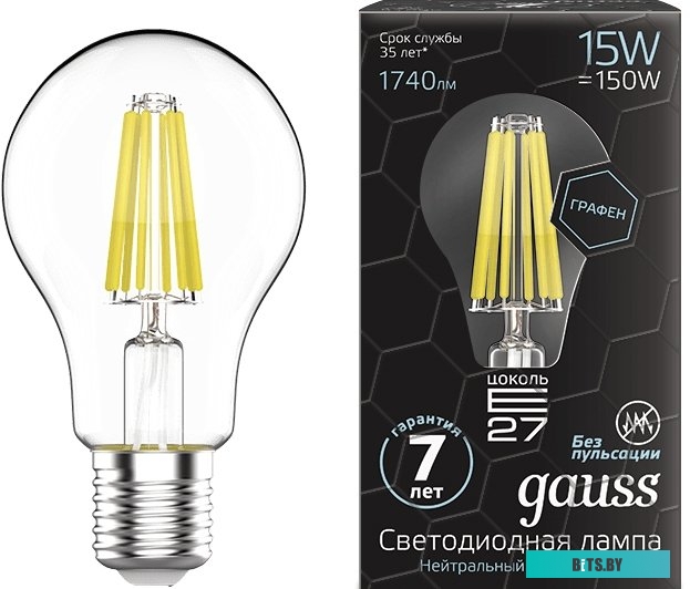 102902215 Лампа светодиодная Gauss Filament 102902215 15Вт цок.:E27 груша 220B 4100K св.свеч.бел.нейт. (упак.:1шт)