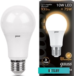 102202110 Лампа светодиодная Gauss 10Вт цок.:E27 шар 220B 2700K св.свеч.бел.теп. A60 (упак.:10шт) (102202110)