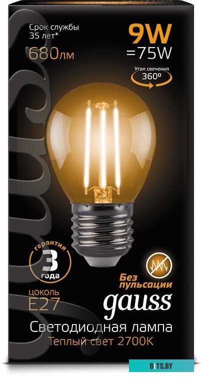105802109 Лампа филаментная GAUSS E27,  шар, 9Вт, одна шт. [105802109]