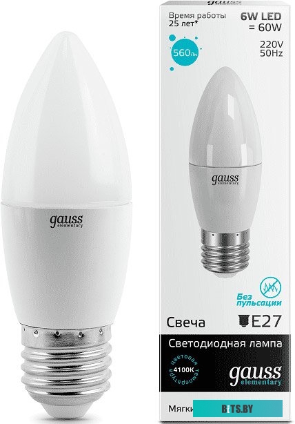 33226 Лампа светодиодная Gauss Elementary 6Вт цок.:E27 свеча 220B 4100K св.свеч.бел.нейт. C37 (упак.:1шт) (33226)