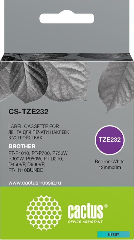 Картридж ленточный Cactus CS-TZE232 TZe-232 черный для Brother PT-P1010, PT-P700, P750W, P900W, P950W, PT-D210, D450VP, D600VP, PT-H110BUNDE.