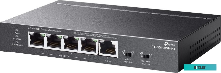 TL-SG1005P-PD TP-Link TL-SG1005P-PD, Настольный коммутатор с 5 гиг. портами (1 порт с входящим PoE++, 4 порта с исходящим PoE+), бюджет PoE: 9, 21, 47