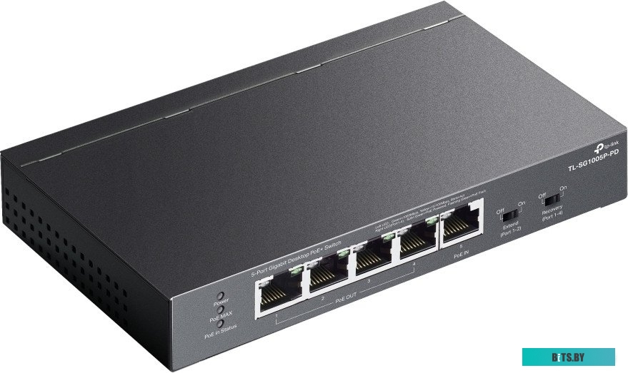 TL-SG1005P-PD TP-Link TL-SG1005P-PD, Настольный коммутатор с 5 гиг. портами (1 порт с входящим PoE++, 4 порта с исходящим PoE+), бюджет PoE: 9, 21, 47