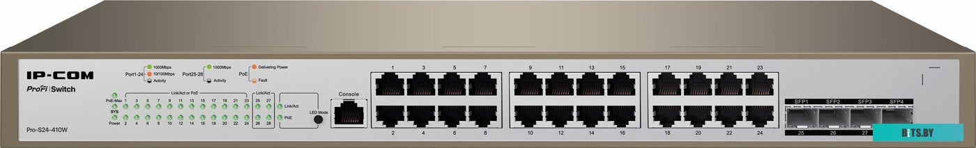 Pro-S24-410W IP-COM Pro-S24-410W Коммутатор управляемый PoE, 24 порта, 24x1 Гбит/с, SFP 4x1 Гбит/с, PoE 24x30Вт (до 370Вт), установка в стойку, металл