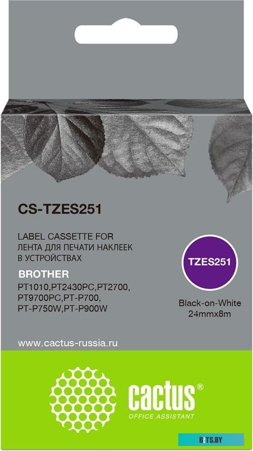 Картридж Cactus CS-TZES251, TZe-S251, черный / 24мм, черный шрифт, белый фон, 8м (CS-TZES251).