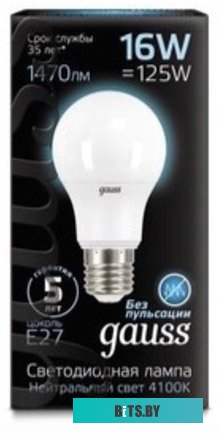102502216 Лампа светодиодная Gauss A60 16Вт цок.:E27 груша 220B 4100K св.свеч.бел.нейт. (упак.:10шт) (102502216)