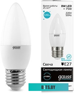 33228 Лампа светодиодная Gauss Elementary 8Вт цок.:E27 свеча 220B 4100K св.свеч.бел.нейт. C37 (упак.:10шт) (33228)
