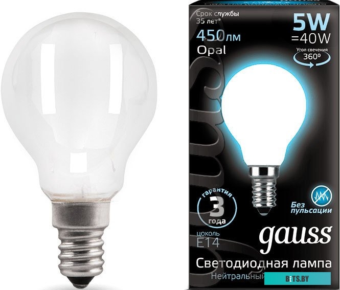 105201205 Лампа светодиодная Gauss Filament 5Вт цок.:E14 шар 220B 4100K св.свеч.бел.нейт. (упак.:1шт) (105201205)