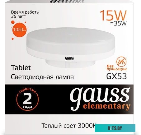 83815 Лампа светодиодная Gauss Elementary GX53 15Вт цок.:GX53 таблетка 220B 3000K св.свеч.бел.теп. (упак.:1шт) (83815)