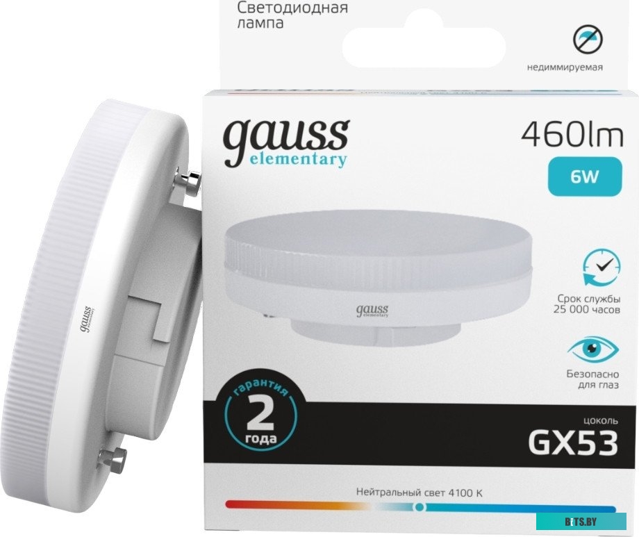 108008206 Лампа светодиодная Gauss GX53 6Вт цок.:GX53 таблетка 220B 4100K св.свеч.бел.нейт. (упак.:10шт) (108008206)