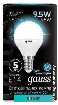 105101210 Лампа светодиодная Gauss 9.5Вт цок.:E14 шар 220B 4100K св.свеч.бел.нейт. (упак.:10шт) (105101210)