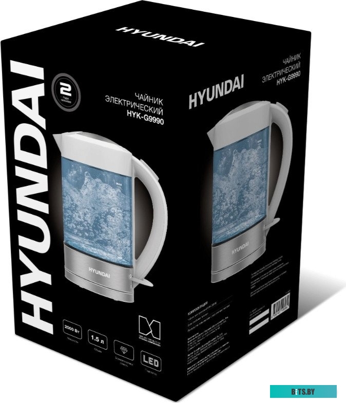 HYK-G9990 Чайник электрический Hyundai HYK-G9990 1.5л. 2000Вт белый/серебристый корпус: стекло