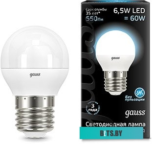 105102207 Лампа светодиодная Gauss 6.5Вт цок.:E27 шар 220B 4100K св.свеч.бел.нейт. P45 (упак.:1шт) (105102207)